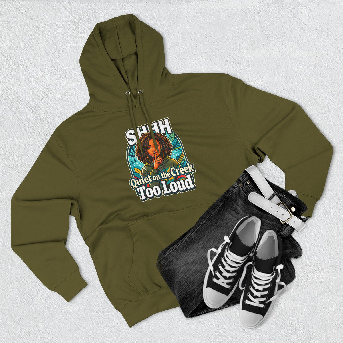 Hoodie "Quiet on the Creek Too Loud" — Retro Nature Graphic Hoodie