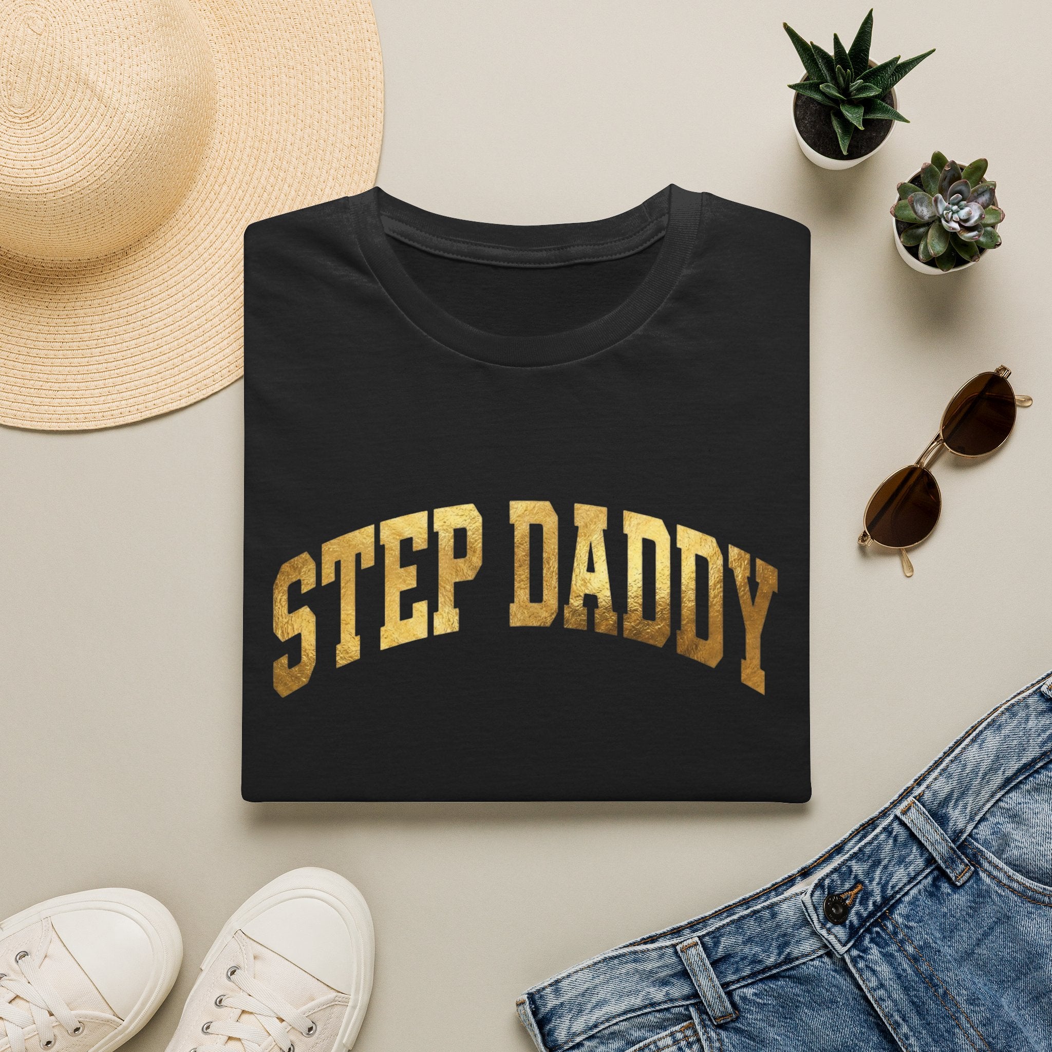 Step Daddy T-Shirt — Retro Gold Campus Graphic Tee for Stepdads